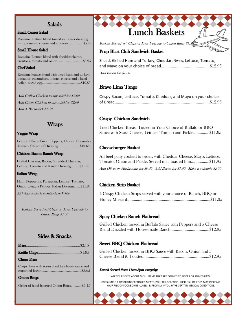 Prop Blast Cafe Lunch Baskets Menu