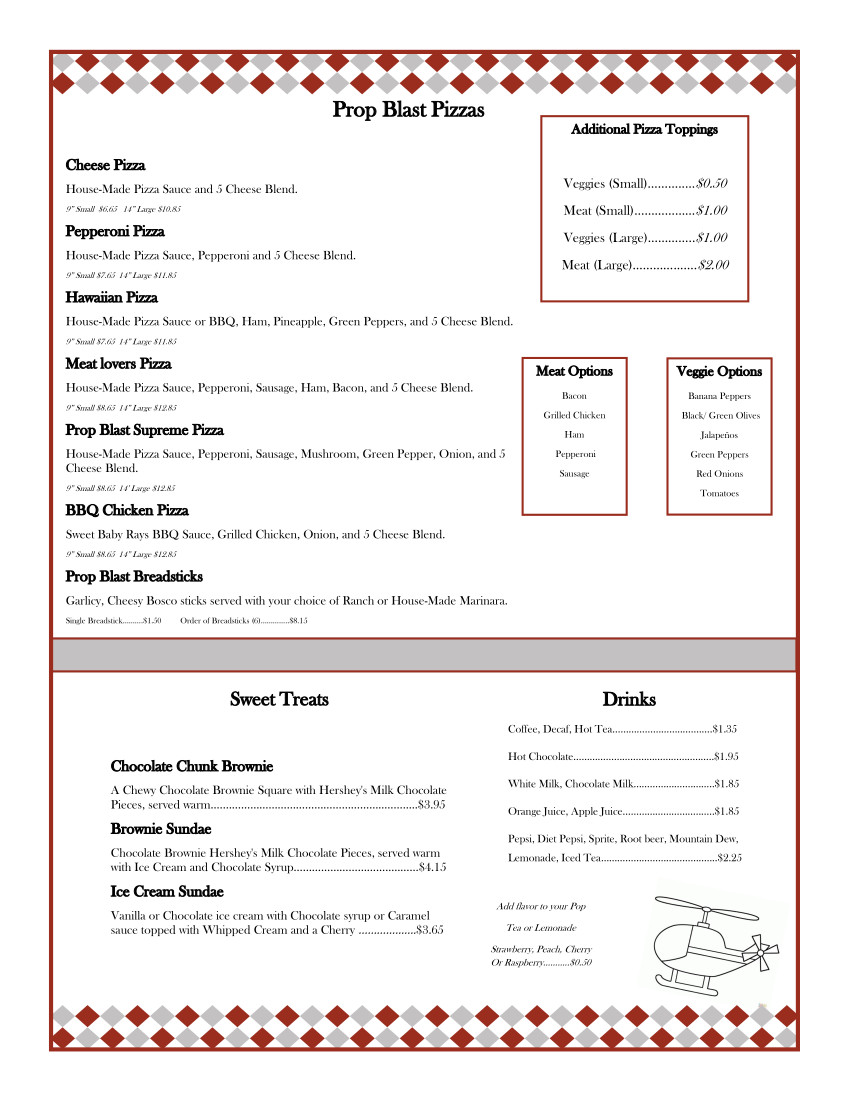 Prop Blast Cafe Pizza Menu