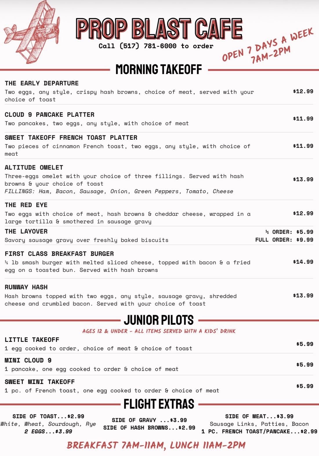 Breakfast menu at Prop Blast Cafe located at Branch County Airport in Coldwater, Michigan featuring pancakes, omelets, breakfast platters, burgers, biscuits and gravy, and kids meals.
