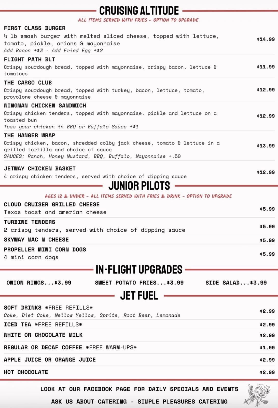 Lunch menu at Prop Blast Cafe in Coldwater, Michigan featuring burgers, BLTs, wraps, chicken sandwiches, kids meals, fries, onion rings, and drinks at Branch County Airport.